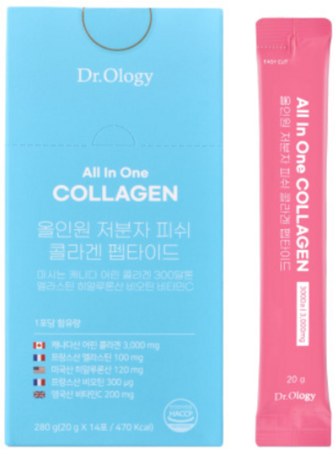 닥터올로지 올인원 저분자 피쉬 콜라겐 마시는 어린 300달톤 엘라스틴 히알루론산 비오틴, 24세트, 210g
