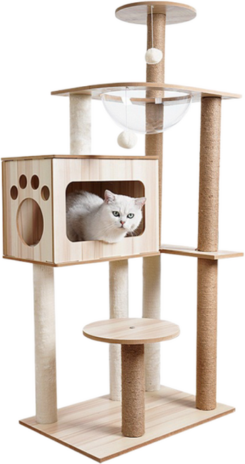 Pawprint 고양이 캣타워 원목 대형 캣타워 고양이 스크래처 다층형 고양이 타워 실내 사용 성묘용 소형 캣폴 고양이 숨숨집 원목 캣타워 대형 고양이 스크래처 타워, 1개, 나무 색상