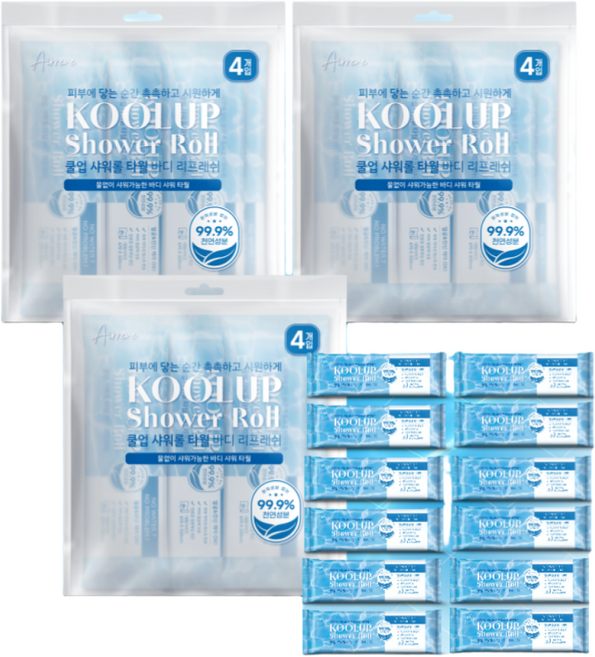 에어레브 쿨업 샤워롤 천연 성분 99% 물 없이 샤워 가능한 웻타월 바디 샤워티슈 특대형 임산부 환자용 여행용 입원 몸닦는 바디 티슈 국내 제조, 3개, 4개입