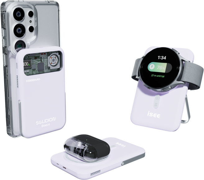 아이시 솔리디온 브리즈 준고체 보조배터리 10000mAh 맥세이프 쿨링 CCC 인증 3in1 냉각 15W 무선충전 22.5W 고속충전 애플워치 갤럭시워치, 라일락, 갤럭시 워치