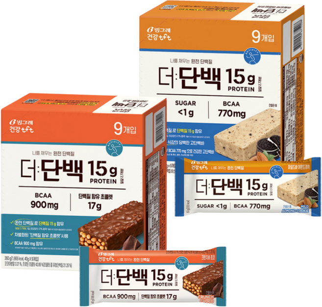 빙그레 더단백 프로틴바 2종 혼합(크런치바 초코9+마일드 아몬드쿠키9) 총 18개