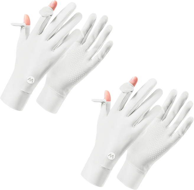 1+1 시스루 아이스 냉감 햇빛 자외선 차단 장갑 여름용 얇은 운전 라이딩 등산 여성 장갑 쿨 논슬립 여름, 화이트+화이트