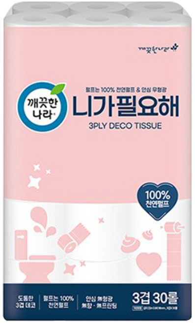 깨끗한나라 니가 필요해 천연펄프 3겹 고급롤화장지, 22m, 30롤, 1개