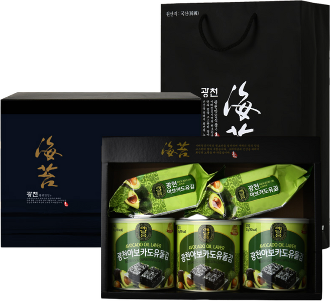 선물세트 광천 해달음 아보카도유 돌김 35g 캔김 3개 식탁김 13g 2개 고급쇼핑백포함, 12세트