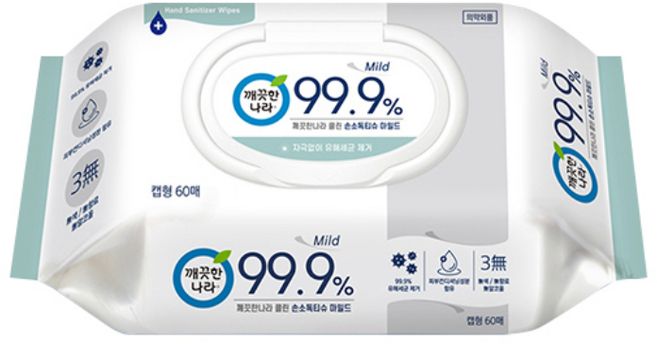 깨끗한나라 손소독티슈 마일드 캡형 60매입 손소독물티슈 클린 99.9%, 1개, 60매
