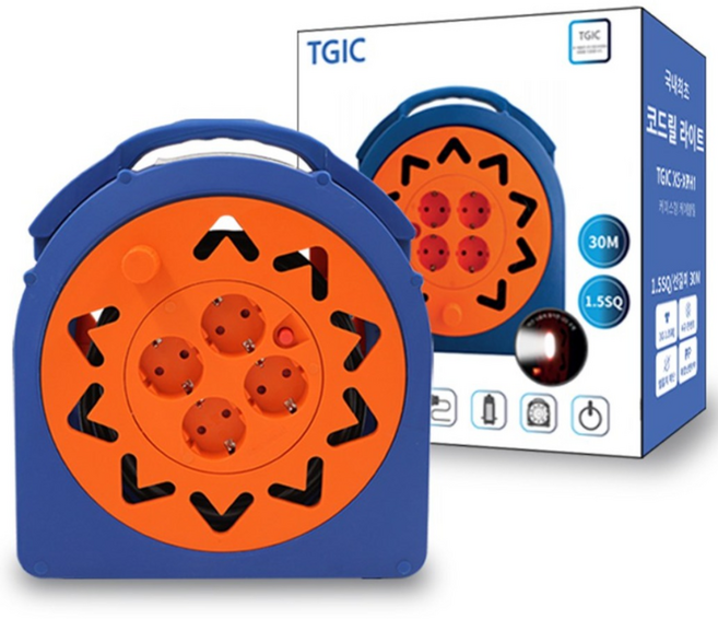 TGIC 튼튼한 LED램프 4구 과부하차단 3000W고용량 릴선 연장선 리드선 코드릴 전선릴 전기릴선 캠핑릴선 캠핑멀티탭, 30m, 1개