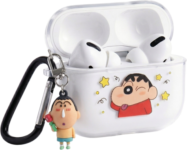짱구 정품 에어팟 투명 하드 일체형 케이스 + 카라비너 + 랜덤 피규어 키링 1개 세트, 데헷짱구, 에어팟프로2