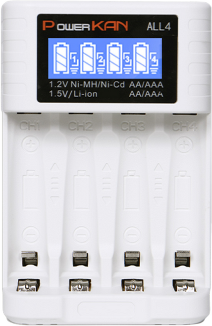 POWERKAN AA/AAA 건전지 4구충전기 1.5V 리튬이온 Li-ion 1.2V니켈수소 Ni-MH 배터리 충전기 ALL4 건전지 밧데리 충전 과충전방지 LCD표시, 1개
