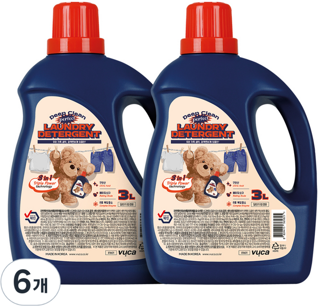 뷰카 퍼펙트 딥클린 세탁 액상세제 본품, 3L, 6개