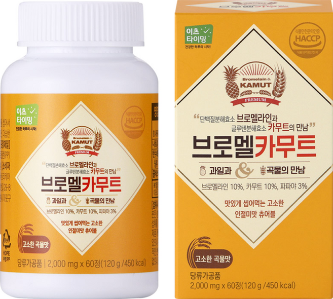 브로멜카무트 단백질분해효소 글루텐분해효소를 한알로 브로멜라인 카무트효소, 1개, 60정