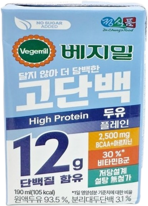 정식품 베지밀 고단백 두유 플레인, 18개, 190ml