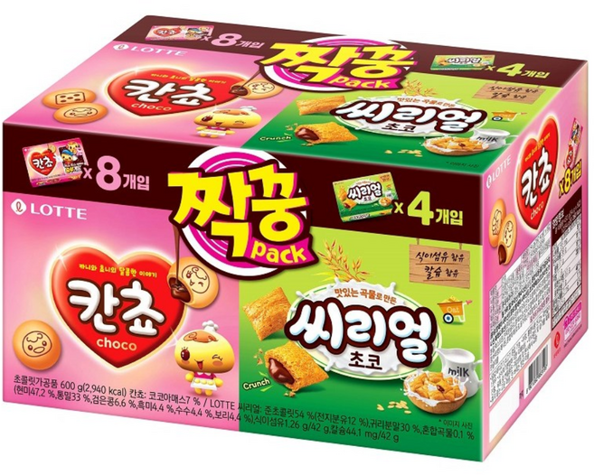 롯데제과 칸쵸 + 씨리얼 짝꿍팩 세트, 칸쵸 54g x 8p + 씨리얼 42g x 4p, 1세트
