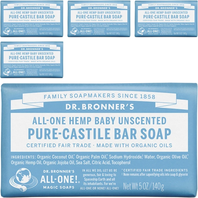 닥터브로너스 베이비 마일드 퓨어 캐스틸 바 솝 무향, 140g, 5개 - 쿠팡