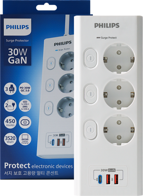 필립스 맥스플러스 서지보호멀티탭 고용량 개별스위치 30GaN 고속충전, 1개, 화이트 3구 CHP6733WA, 2m