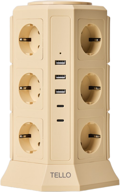 텔로 (에디션) 타워 멀티탭 17구(USB-3 CTYPE-2) KC인증 접지 안전 고급 멀티탭 선정리 가능한 인테리어 귀여운 디자인 예쁜색상, 2m, 크림레몬, 1개