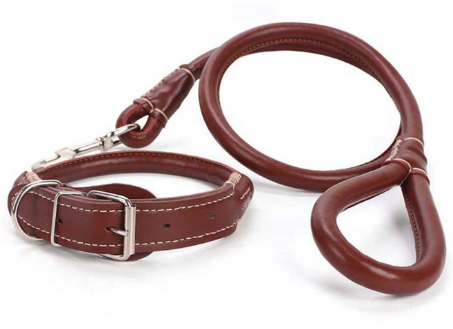 레오펫 반려견 중대형견 가죽 라운드 로프 목줄 + 리드줄 세트, 브라운