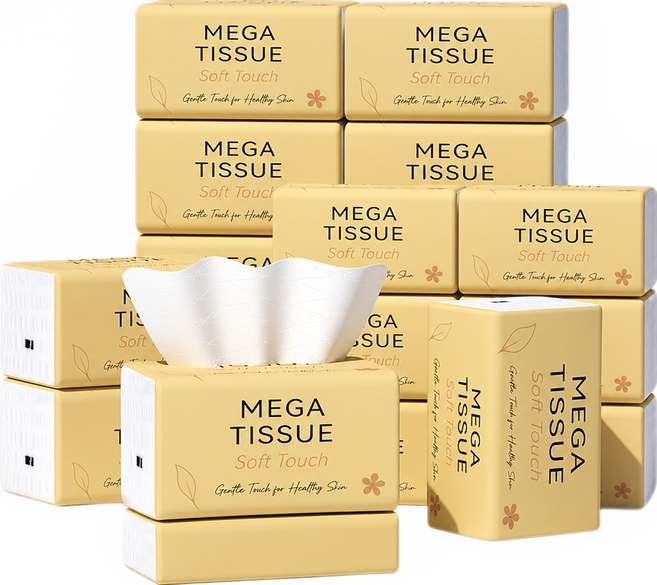 메가티슈 소프트터치 5겹 뽑아쓰는 두툼한 티슈 화장지 80매 18팩 가정용 사무실용 천연펄프 100% 부드러운 각티슈, 18개
