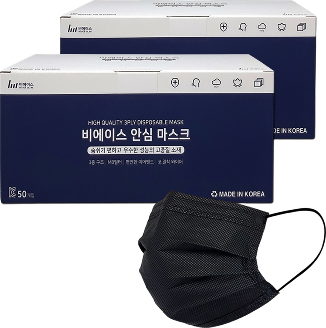 국산 일회용 덴탈마스크, 100매, 1개, 중형 블랙