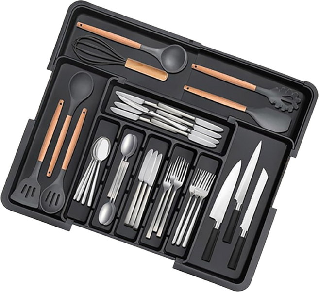 Alemon 길이조절 가능 주방 서랍용 수저 정리함 정리함 트레이, 블랙, 1개