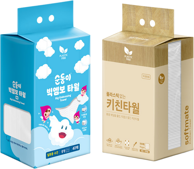 [세트] 순둥이 일회용 빅엠보 타월 중형 40매 1팩+키친타월 100매 1팩/물놀이 목욕 여행, 1개