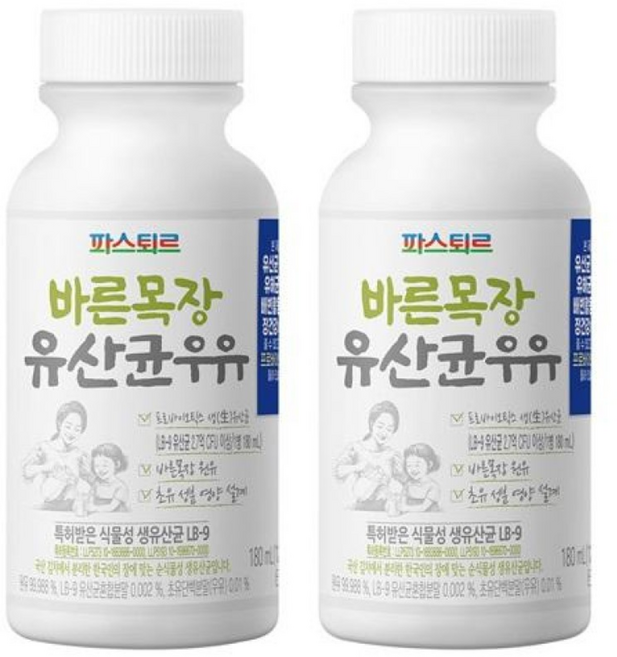 파스퇴르 바른목장 유산균우유 180ml, 22개