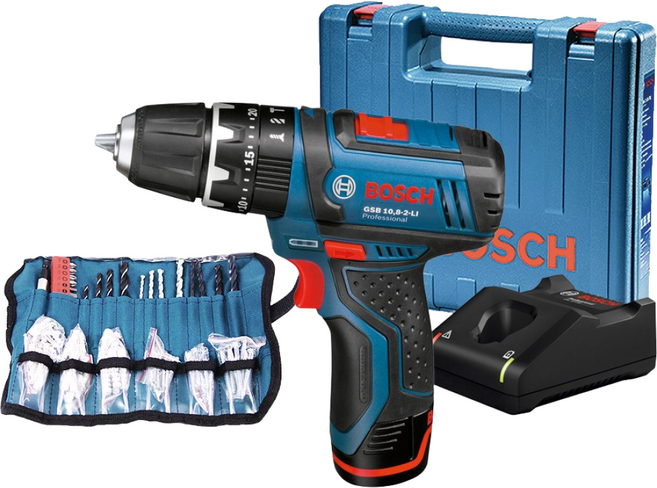보쉬 충전 해머드릴 GSB 10.8-2 LI + 배터리 + 충전기 + 소재 100p + 케이스, 1세트