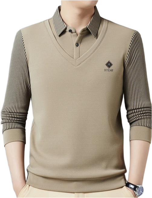 라부라카 가을 남자 폴로 카라 긴팔티셔츠 페이크 투피스 골프 상의 스트라이프 아빠룩 루즈핏 캐주얼 셔츠 남자골프웨어