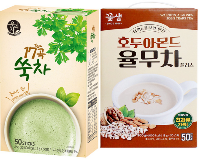 송원 17곡 쑥차 50T +꽃샘 호두아몬드 율무차 50T, 1개, 50개입, 2g