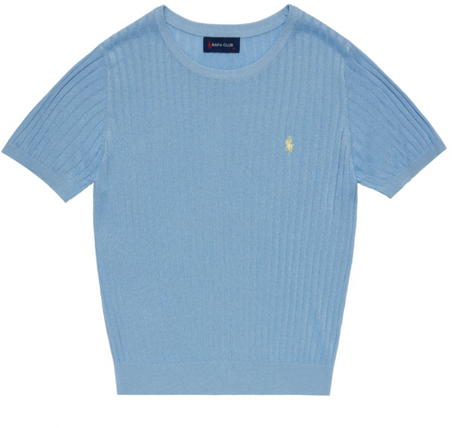 라파클럽 여성 소프트 펄 골지 라운드넥 반팔 니트 스웨터 여름 자수 로고