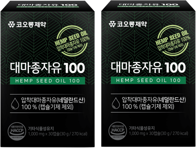 코오롱제약 냉압착 대마종자유 식약청인증 HACCP 1000mg 식물성 햄프씨드 오일, 2개, 30정