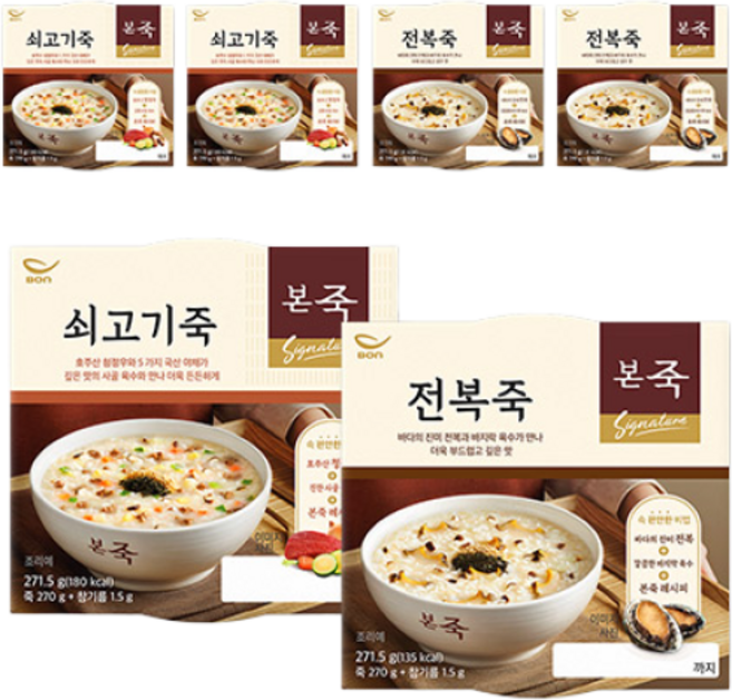 본죽 냉장죽 베스트 세트A(쇠고기죽 3컵+전복죽 3컵), 270g, 6개