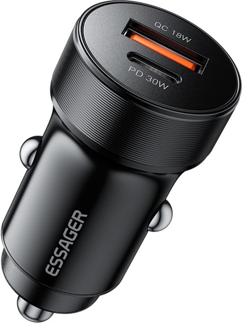 ESSAGER QC3.0 30W 듀얼 포트 C타입 차량용 고속 충전기, 블랙, 1개