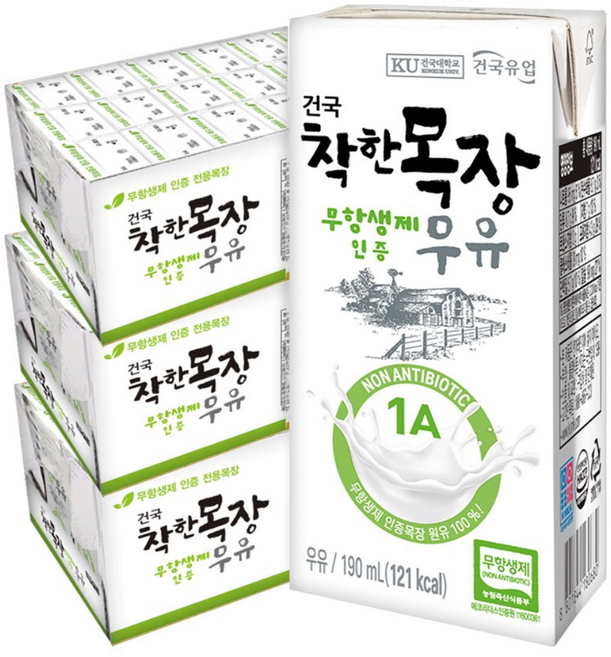 건국유업 착한목장 무항생제 멸균우유, 190ml, 72개