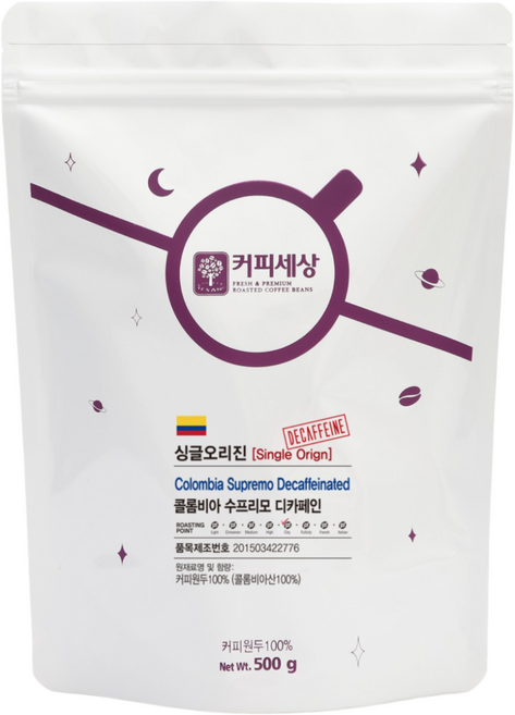 커피세상 디카페인원두 콜롬비아 수프리모 디카페인, 500g, 1개, 홀빈(분쇄안함), 1.홀빈 (분쇄안함)