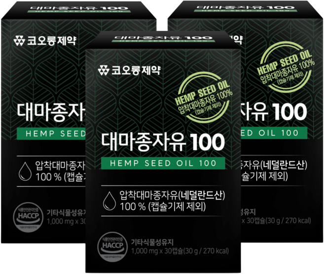 코오롱제약 냉압착 대마종자유 식약청인증 HACCP 1000mg 식물성 햄프씨드 오일, 3개, 30정