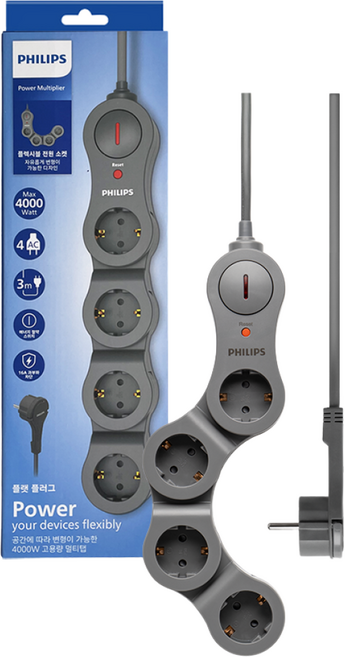 필립스 멀티탭 플렉시블 4구 고용량 납작플러그 과부하차단, 1개, 그레이 CHP5240GB, 3m