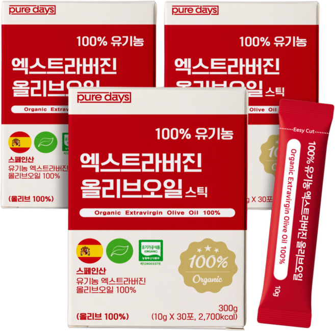퓨어데이즈 아침엔 냉압착 유기농 엑스트라버전 올리브오일 100% 스틱 엑스트라버진, 90개, 10g