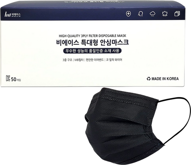 국산 일회용 덴탈 특대형마스크, 50개입, 1개, 특대형 블랙