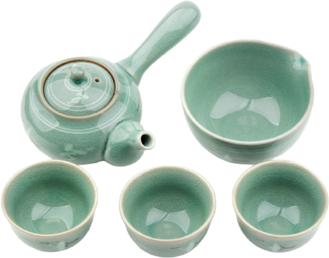 고려청자 운학문양 둥근 3인 다기세트 전통 도자기 찻잔 다관 숙우 한국 전통공예 차 문화 선물, 고급포장, 1개