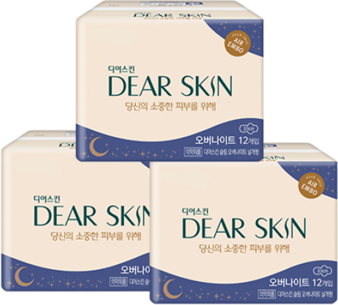 [깨끗한나라] 더마 디어스킨 생리대 에어엠보 오버나이트 12P x 3팩, 12개입, 3세트