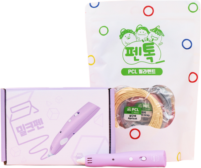 밀크펜 저온 3D펜 + PCL 필라멘트 12색 팩 쓰리디펜 세트 (2가지 색상 택1 도안북 포함), 밀크펜 포도맛+12색필라멘트