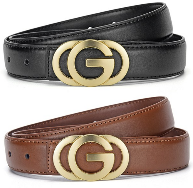 CKIRUV 1+1 유행 여성 소가죽 캐주얼 벨트, 2개, 블랙+브라운