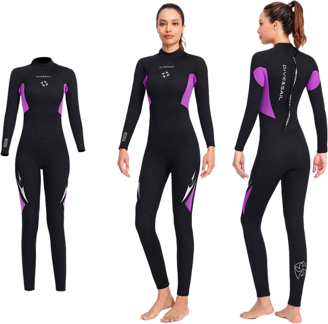 DIVE&SAIL 여성용 다이빙슈트 3mm 서핑슈트 수영 웻수트 잠수복, 퍼플
