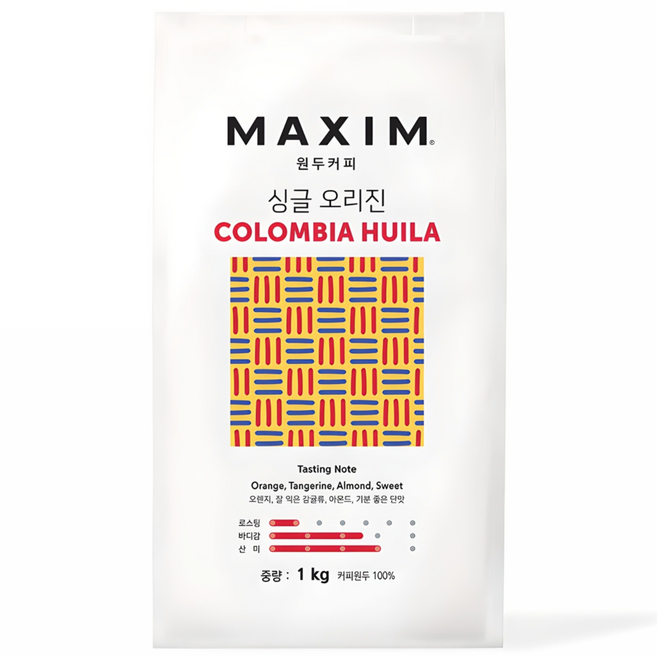 맥심 싱글 오리진 콜롬비아 우일라 원두커피, 홀빈(분쇄안함), 1kg, 1개