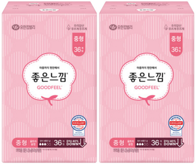 좋은느낌 에어핏 쿠션 울트라 슬림 생리대 날개형, 중형, 36개입, 2개