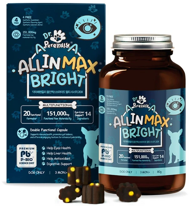 닥터페렌들리 올인맥스브라이트 멀티 시너지 20X 강아지 눈 영양제 간 눈물 눈꼽, 1개, 눈물개선/눈건강, 80정 - 쿠팡