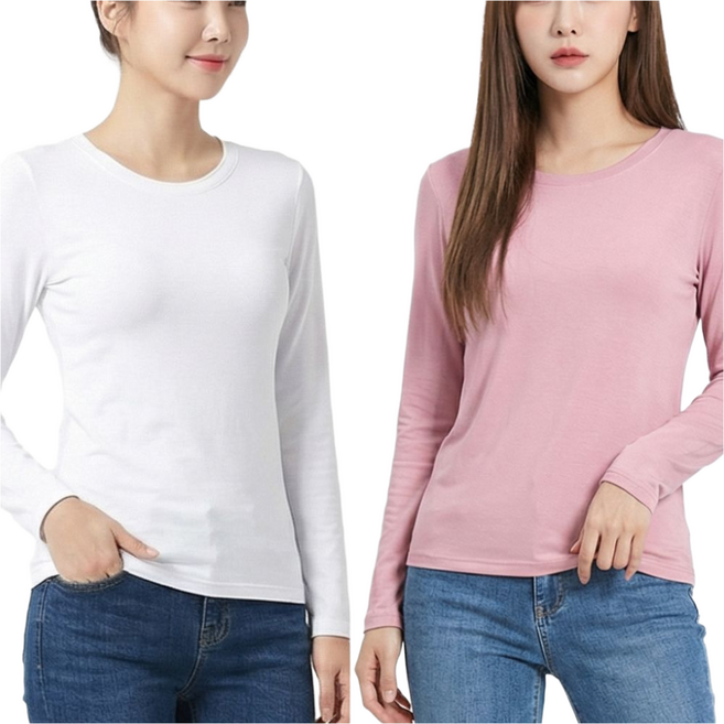 바이로이 1+1 여성 무지 라운드넥 긴팔티