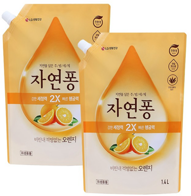 자연퐁 주방세제 오렌지 1.4kg 리필 x 2개, 1.4L