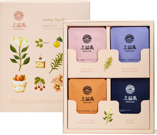 오설록 러블리 티 박스 선물세트, 웨딩그린티 3p + 달빛걷기 3p + 삼다연 제주영귤 3p + 레드파파야 블랙티 3p, 1세트