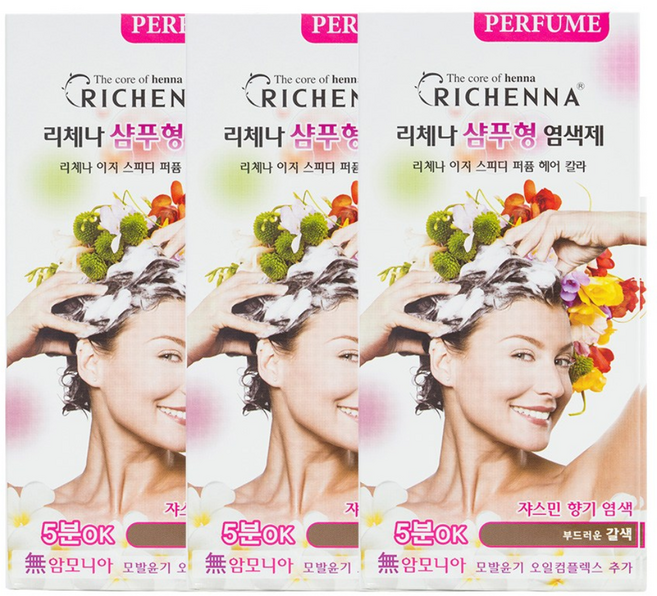 리체나 퍼퓸 새치전용 샴푸형 염색제, 부드러운 갈색, 3개